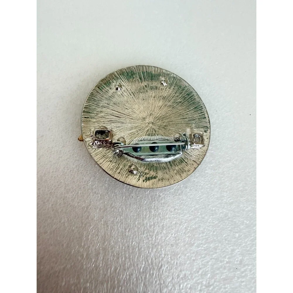 Vintage Christmas Tree Disc Brooch Pin Silver Tone Inspirational Words Rhineston